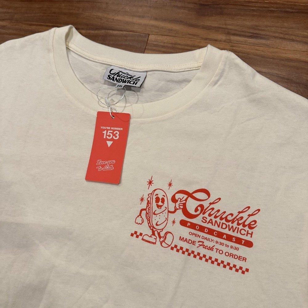 Chuckle Sandwich Shirt Mens 2XL White Menu Graphic Tee Podcast Food Burger - Picture 4 of 10
